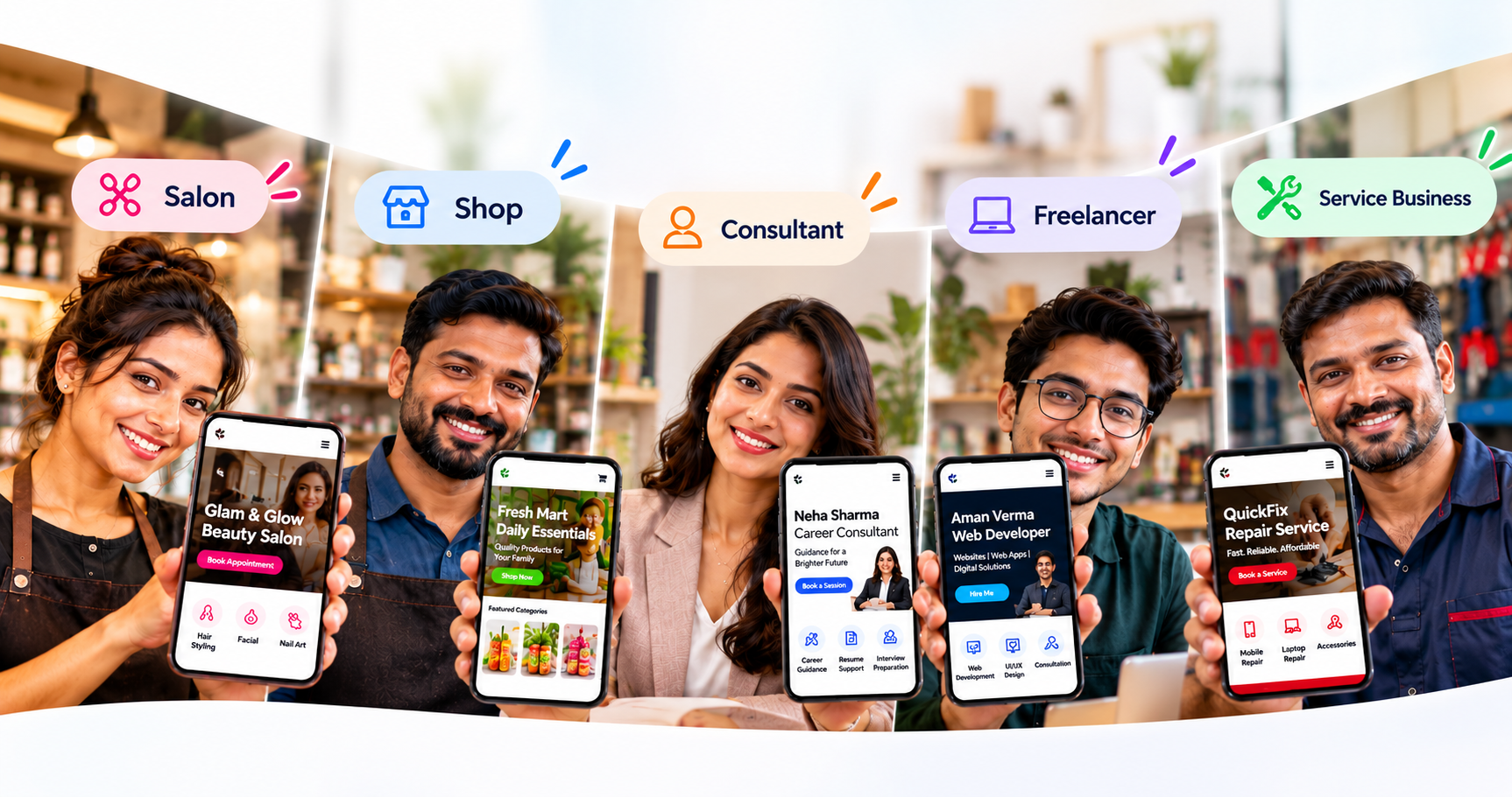 Salon, Shop, Consultant, Freelancer and Service Business websites built with Tapaak